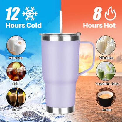 20 oz Tumbler with Handle, Stainless Steel Insulated Tumbler with Lid and Straw, Double Wall Vacuum Coffee Mug Tumbler, Insulated Coffee Thermal Cup for Cold and Hot (Light Purple) - color: Light Purple, size: 20 Ounces
