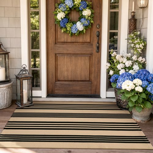 KIMODE Front Door Mats Outdoor Fall Porch Rug Doormats Outdoor Entrance | Striped, 24"x51",Black and Khaki, Machine Washable Farmhouse,Fall Decor Cotton Hand Woven Entryway Rug for Doorway Door Rug - color: Black and Khaki Stripes, size: 2' x 4'3" (Rectan