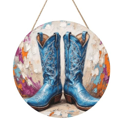 Door Sign Round Wooden Hanging Plaque With Rope Blue Cowboy Boots Impasto Art 12 X 12 Inch Rustic Welcome Wall Decor For Porch Entryway Farmhouse Home