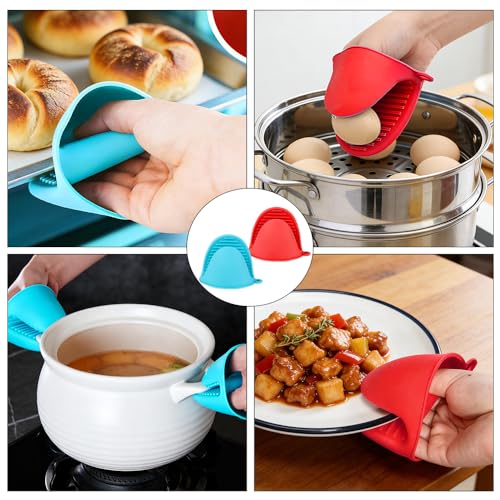4 PCS Silicone Oven Mitts Heat Resistant Mini Oven Gloves for Kitchen Rubber Air Fryer Mitts Oven Accessories Finger Cooking Pinch Mitts Pot Holders for Kitchen Cooking Baking Dishwasher, Black & Red - color: Blue+red