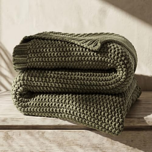 Organic Cotton Chunky Knit Throw Blanket, 50 x 60 Olive Green | OCS Certified Organic Cotton, Seed Stitch Knit, Soft & Breathable, Cozy Midweight, Decorative Throw for Couch, Bed & Sofa - color: Olive Green, size: Throw (50" x 60")