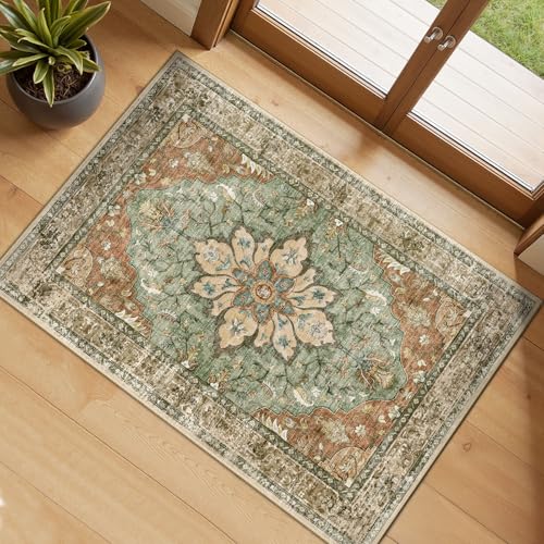 RELEANY Washable Area Rug, Small 2'x3', Brick/Brown/Green | Non-Slip, Water Repellent, Pet Friendly, Easy to Clean, Vintage Floral Boho Decor for Kitchen Entryway Bathroom - color: Brick/Brown/Green, size: 2' X 3' (Rectangular)