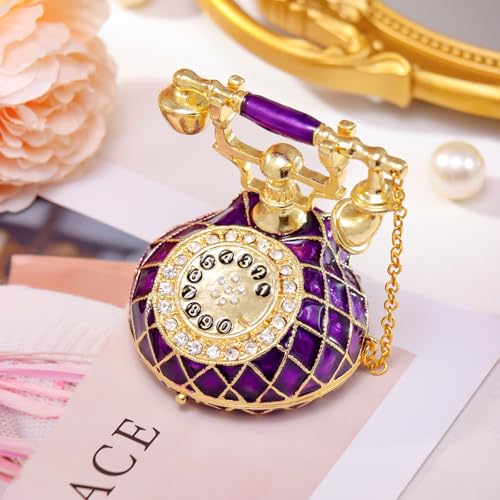 QIFU Hand Painted Purple Telephone Style Trinket Box with Rich Enamel and Sparkling Rhinestones Unique Gift for Family - color: T3 Purple