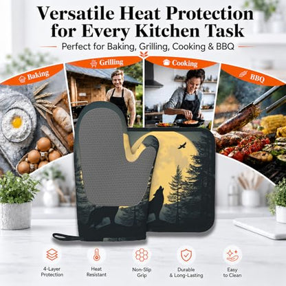 Black Wolf Howling at The Moon Oven Mitt and Pot Holder with Silicone Heat Resistant Kitchen for Cooking BBQ Baking Grilling Cooking Protection - color: Black Wolf Howling at the Moon