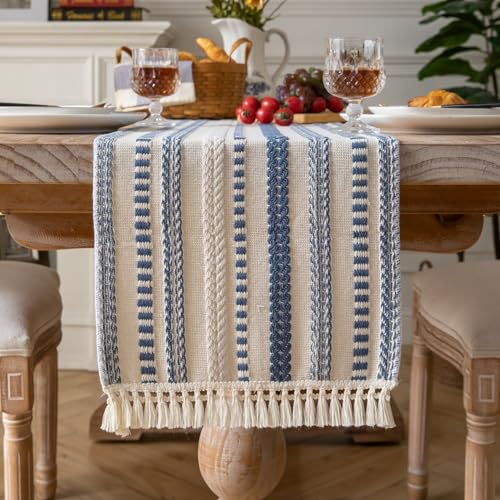 Caflife Boho Table Runner 72 Inchs Long, Blue and Beige Cotton Linen Blend Woven Modern Rustic Farmhouse Decorative Dresser and Coffee Table Runner for Kitchen, Dining Room Home Decor - color: Blue, size: 13x72Inch