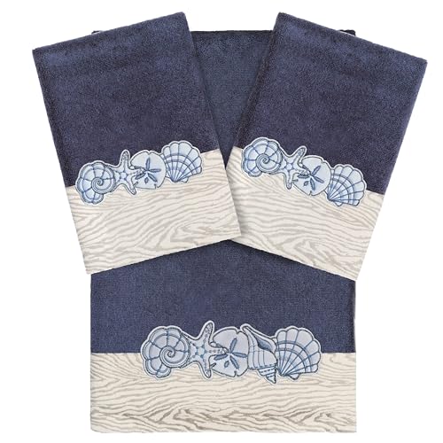 Seaside 3-Piece Towel Set, Embroidered Seashells, 100% Turkish Cotton, Ultra Absorbent & Soft, Coastal Bathroom Decor, 1 Bath 2 Hand Towels, Marine - color: Marine, size: 1 Pc Bath 2 Pcs Hand Towel