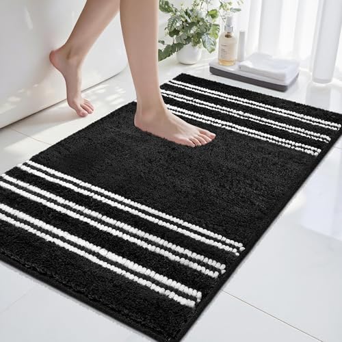 Bathroom Rugs Non Slip Washable 32x20, Ultra Soft Super Absorbent Bath Rugs for Bathroom Floor, Shaggy Chenille Bath Rug, Microfiber Plush Quick Dry Bath Mat for Bathtub, Sink and Shower, Black - color: Black, size: 20''x32''