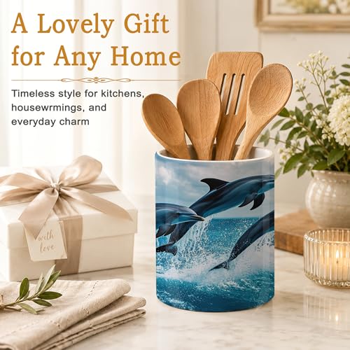 Utensil Holder for Countertop,Dolphins in Ocean Ceramic Utensil Crock Organizer for Home Kitchen Spoons,Spatulas and Cooking Tools - color: Dolphins in Ocean