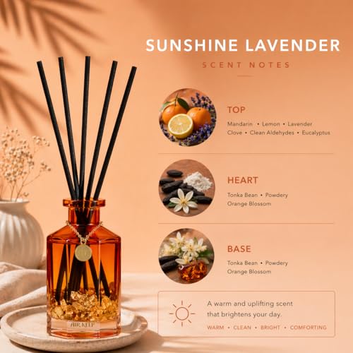 Reed Diffuser Set,Sunshine Lavender Luxury Scented Diffuser with Sticks Long Lasting Home Fragrance for Bathroom Shelf Decor 6.09 fl oz (180ml)