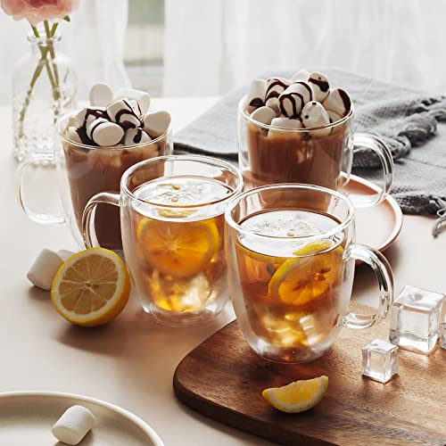 12 oz/350ml Double Walled Glass Coffee Mugs, Glass Coffee Cups Set of 4, Insulated Borosilicate Clear Glasses, Espresso Cappuccino Latte Tea Cups with Handle for Latte, Hot/Cold Drink - size: 12 oz/350ml