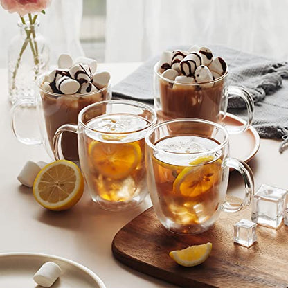 12 oz/350ml Double Walled Glass Coffee Mugs, Glass Coffee Cups Set of 4, Insulated Borosilicate Clear Glasses, Espresso Cappuccino Latte Tea Cups with Handle for Latte, Hot/Cold Drink - size: 12 oz/350ml