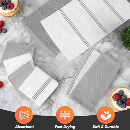 Oven Mitts Kitchen Towels and Dishcloths with Pot Holders Sets, Oven Gloves Hot Pads 500°F Heat Resistant with Silicone Grip, Include 2 Cooking Gloves/2 Potholders/4 Kitchen Towels/4 Dish Towels-Gray - color: Gray