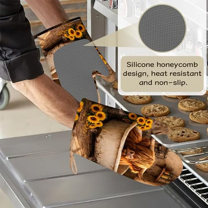Highland Cow Sunflower Oven Mitts and Pot Holders Sets Silicone Kitchen Mitts Potholders Heat Resistant 4Pcs Oven Gloves Hot Pads for Kitchen Baking Cooking - color: Highland Cow Sunflower