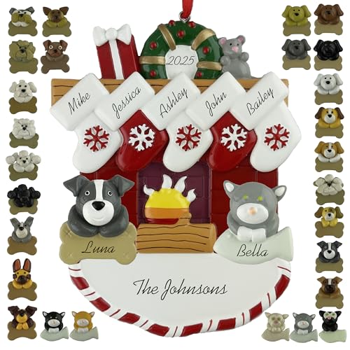 Customized and Personalized Christmas Ornament - Family of 2-6 with Two Pets - Select 2 of The 25 Different Dogs and Cats to Design Your Own Made to Order Gift (Family of 5) - size: Family of 5 with 2 pets