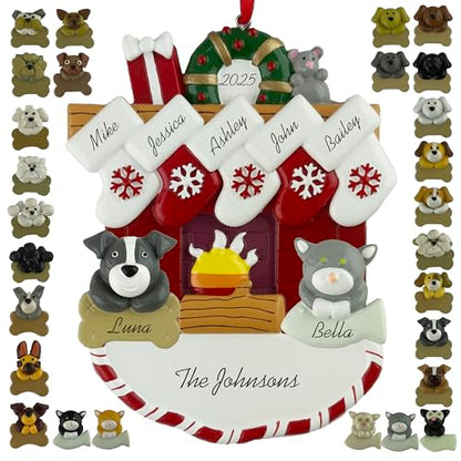 Customized and Personalized Christmas Ornament - Family of 2-6 with Two Pets - Select 2 of The 25 Different Dogs and Cats to Design Your Own Made to Order Gift (Family of 5) - size: Family of 5 with 2 pets