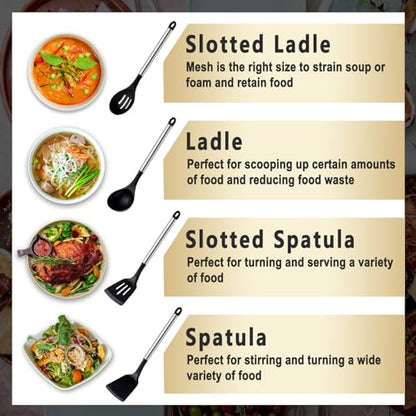 Pleafind 4-Pcs Silicone Cooking Utensils Set, Wok Utensils Set Include Wok Ladle, Slotted Spoon, Solid Spatula and Slotted Spatula, Silicone and Stainless Steel Kitchen Utensils, Dishwasher Safe - color: 4P-Black