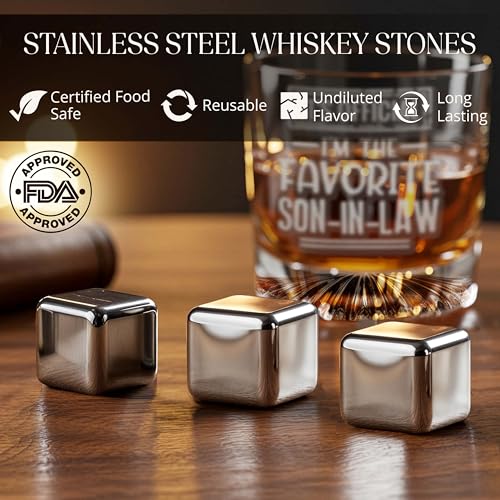 shop4ever It's Official, Favorite Son In Law Whiskey Gift Set, With Glass | Leather Coaster, Stainless Steel Stones, Wood Box, Gift For Men, Fathers Day Present, Wedding Idea, In Law Gift