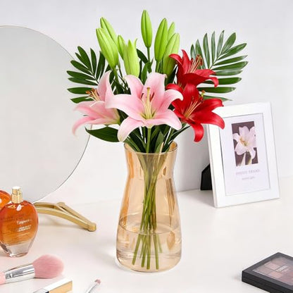 Amber Glass Vase 8 Inch, Round Borosilicate Clear Glass Flower Vase, Modern Boho Style Centerpiece Vase for Home Kitchen Wedding, Housewarming - color: Amber