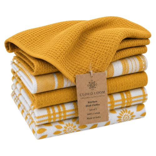 CLOUDLOOM Cotton Assorted Yellow Kitchen Towels with Loop, Set of 5, 16"x26" - color: Mustard Yellow