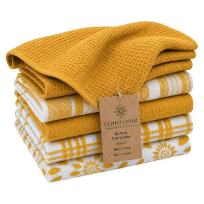 CLOUDLOOM Cotton Assorted Yellow Kitchen Towels with Loop, Set of 5, 16"x26" - color: Mustard Yellow