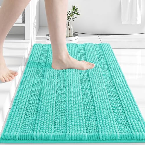 Grandaily Chenille Striped Bathroom Rugs 24x16, Extra Thick and Absorbent Bath Mats, Non-Slip Soft Plush Shaggy Shower Carpet, Machine Wash Dry, Bath Rug for Bathroom, (Small, Teal) - color: Teal, size: 24" X 16"