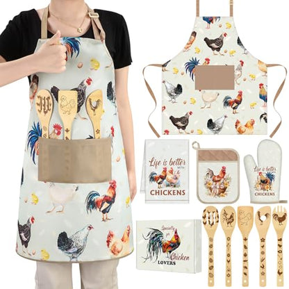 Funnymoom 10 Pcs Chicken Kitchen Gift Set for Women Include Apron Oven Mitts Pot Holder Dish Towel Cooking Utensil Kit - style: Chicken