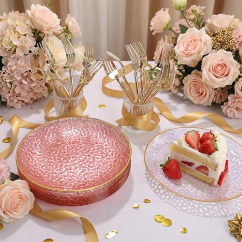 Rubtlamp 200Pcs Pink Plastic Dessert Plates with Gold Rim, 6inch Fancy Plastic Plates Include 100 Hammered Appetizer Plates and 100 Disposable Gold Forks for Party Teatime Birthday - color: Pink gold
