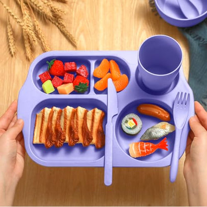 Honoson 24 Pcs Wheat Straw Dinnerware Cutlery Set, Service for 4, Unbreakable Plates and Bowls Set - Divided Plates, Bowls, Spoons, Forks & Knives, Microwave & Dishwasher Safe(Light Purple and Pink) - color: Light Purple, Light Pink