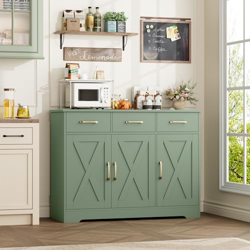 HOSTACK Kitchen Buffet Cabinet with Storage, Sideboard Coffee Bar, Green | Farmhouse Kitchen Storage Cabinet with 3 Drawers & Adjustable Shelf, 42.5"W Buffet Table for Dining Living Room - color: Green