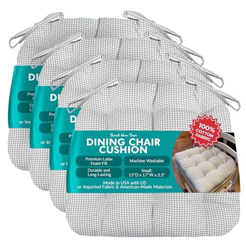 Barnett Home Decor Chair Cushions for Dining Chairs - 15x17 Kitchen Chair Cushions - Machine Washable, 100% Cotton, Made in USA - Latex Foam Comfort Chair Pads - Madrid Grey Gingham Small Pack of 4 - color: Madrid Grey Gingham, size: Small (15"D x 17"W x