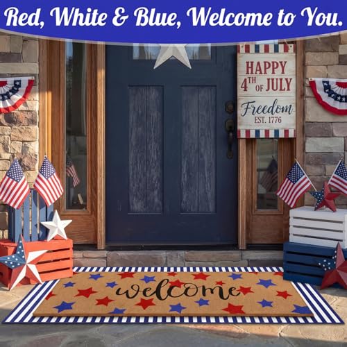 Tinideya 2 Pcs Long 4th of July Layered Outdoor Doormat 47"x17" 250th Anniversary Patriotic Star Coir Welcome Mat with Red White Blue Stripe Rug for Memorial Day Front Porch Entryway Home Decor - style: Stripe