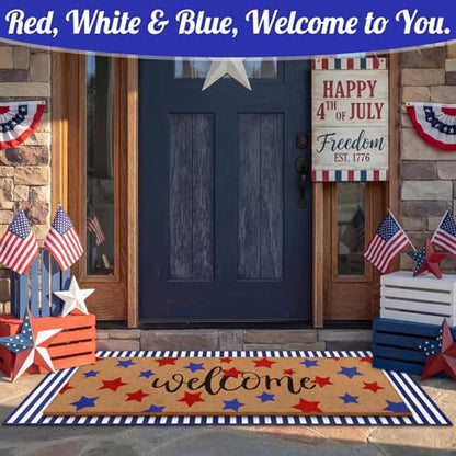 Tinideya 2 Pcs Long 4th of July Layered Outdoor Doormat 47"x17" 250th Anniversary Patriotic Star Coir Welcome Mat with Red White Blue Stripe Rug for Memorial Day Front Porch Entryway Home Decor - style: Stripe