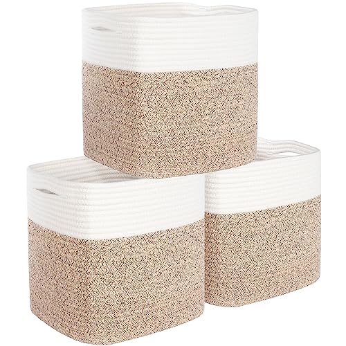 3-Pack 11x11in Woven Cube Storage Bin and Shelf Baskets, Cute Decorative Square Organizer for Closet, Classroom, Bathroom, Dog and Cat Toys, and Books, Light Brown - color: Oatmeal Brown