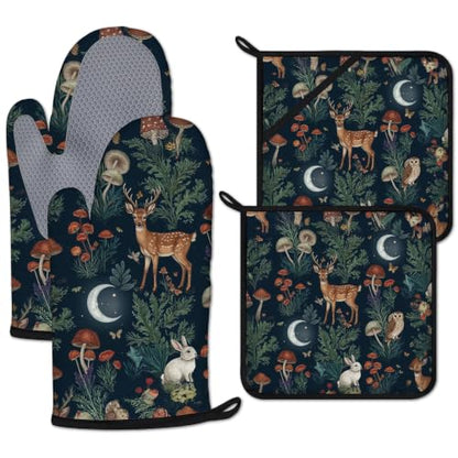 Deer Mushroom Forest Oven Mitts and Pot Holders Sets 4 Pcs Wild Animal Botanical Silicone Kitchen Gloves Heat Resistant Potholders for Baking Grilling BBQ - color: Deer Owl Rabbit