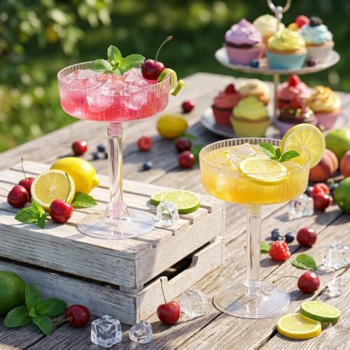 24 Pack 6oz Plastic Martini Glasses, Ribbed Coupe Glasses Set, Disposable Vintage Cocktail Cups for Champagne Tower, Wedding, Birthday, Party & Event Glassware