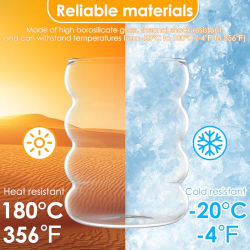 Ribbed Drinking Glass Cups with Glass Straws Set of 4, 10 oz Aesthetic Iced Coffee Glasses, Bubble Glasses Drinking Tumbler, Ribbed Glassware, Beer Glasses for Coctail, Soda, Juice | Aesthetic Clear Glass Cups with Matching Glass Straws, for Iced Coffee,