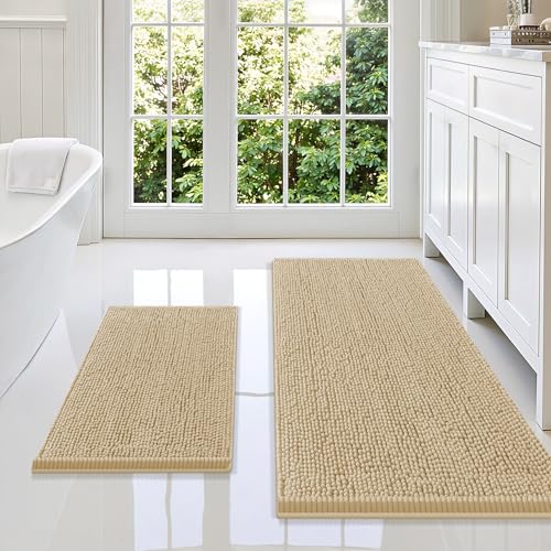 Smiry Chenille Bathroom Rugs Sets 2 Piece (47x20+24x16, Beige) | Soft Absorbent Machine Washable Non Slip Shaggy Bath Rug Set for Tub, Shower, and Floor, Home Decor - color: Beige, size: 47"X20"+24"X16"