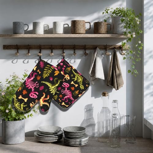 Dinosaur Skeleton Oven Mitts and Pot Holders Sets Non-Slip Silicone Surface for BBQ Gloves,Kitchen,Cooking,Baking,Grilling - color: Dinosaur Skeleton
