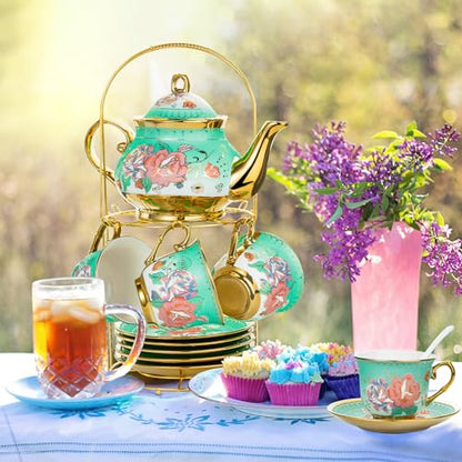 20 Pieces Porcelain Tea Set With Metal Holder, European Ceramic tea set for adults,Flower Tea Set,Tea Set For Women With Flower Painting (Large version, Green) - color: Green