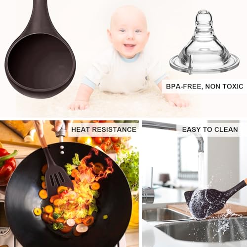 MIBOTE Silicone Cooking Kitchen Utensils Set, Wooden Handle, Coffee | BPA-Free, Non-Toxic Silicone Turner, Tongs, Spatula, Spoon Set – Great for Nonstick Cookware, Heat-Resistant, Easy Clean - color: Coffee