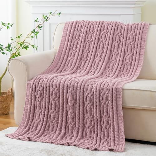 Battilo Pink Throw Blanket for Couch, Cable Knit Blanket, Soft Chenille Throw Blanket, Cozy Warm Blankets for Girls Daughter Women Gifts for Mom, 51"x67", Blush - color: Blush