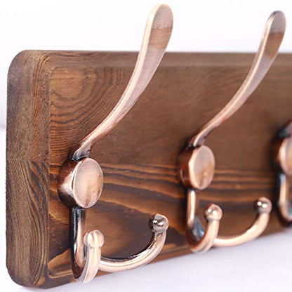 SKOLOO Rustic Pine Wood Wall Coat Rack with 5 Triple Hooks, 16" Stud Spacing, Farmhouse Wall Mounted Coat Rack for Hanging Backpack, Jacket, Hat - color: Brown Plate & Antique Hook, size: 1 Item-5 Hooks
