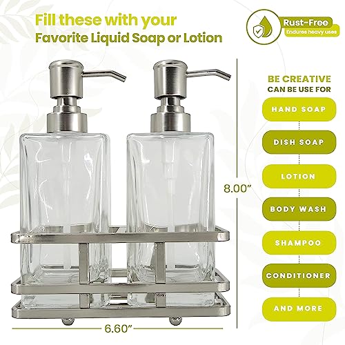 Square Glass Clear Lotion and Soap Pump Dispenser Set with Metal Stand Caddy for Bathroom Bath Kitchen Home Office Travel Hotel Hand Crafted Heavy Weight Nickel - color: Nickel