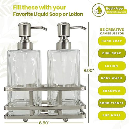 Square Glass Clear Lotion and Soap Pump Dispenser Set with Metal Stand Caddy for Bathroom Bath Kitchen Home Office Travel Hotel Hand Crafted Heavy Weight Nickel - color: Nickel