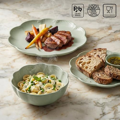 Sango 12 Pieces Scalloped Dinnerware Set, Sage Green Dishes for 4, Premium Serving Plates & Bowls Sets, Chip Resistant, Ceramic Dishware, Kitchen Dish, Microwave & Dishwasher Safe, Bethany - color: Sage Green, size: 12-Piece Set