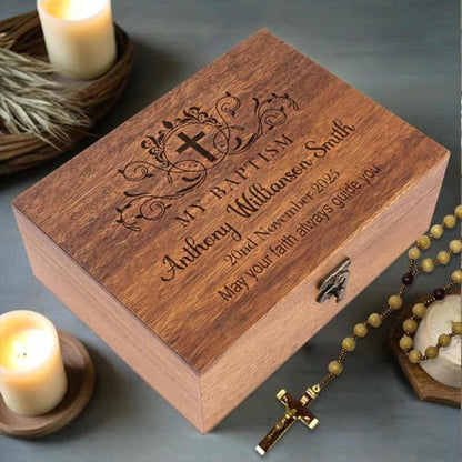 Personalized Pine/Walnut Keepsakes Baptism Gifts Wooden Box, 8 * 6 * 3 Walnut Wooden Boxes First Communion Gifts for Boys/Girls, Personalized Wood Storage Engraved Keepsake Box for Baptism - color: Baptism