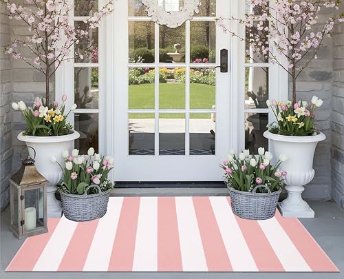 Front Porch Rug 24"x51"Pink and White Striped Outdoor Rug | Washable Cotton Woven Door Mat Outdoor Farmhouse Layered Doormat For Entryway Rug Home Entrance Decor - color: Pink White, size: 2' x 4'3" (Rectangular)