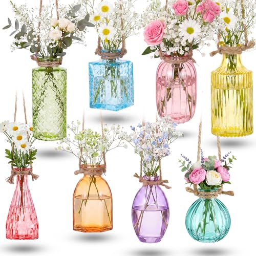 8 Pcs Stained Glass Hanging Propagation Vases with Rope Hanging Glass Planer Small Terrarium Pot Containers for Air Plants Flower Hydroponic Plants Garden Home Wedding Wall Decor (Bud,Colorful) - color: Colorful, size: Bud