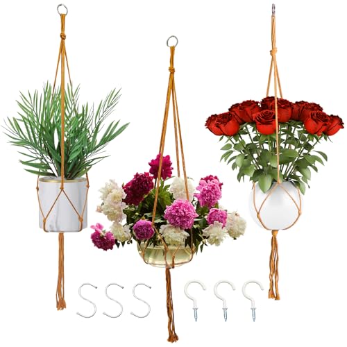 Macrame Plant Hangers Planter Flower Pots Holder 3 Pack Basket Stand Tassels with 6 Hooks Kit Cotton Rope for Decorative Indoor Outdoor Patio Garden Boho Home Décor (POTS NOT Included) (BROWN) - color: Brown