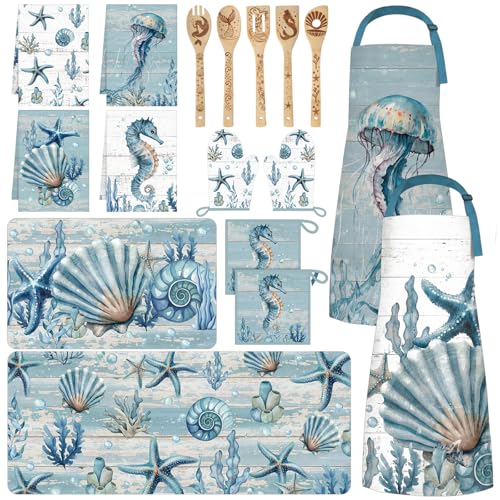 Bencailor 17 Pcs Coastal Kitchen Decor and Accessories Ocean Kitchen Rug and Mat Oven Mitts Pot Holders Apron Dish Towels Cute Wooden Spoons for Ocean Theme Home Decor Housewarming Gifts - color: Coastal